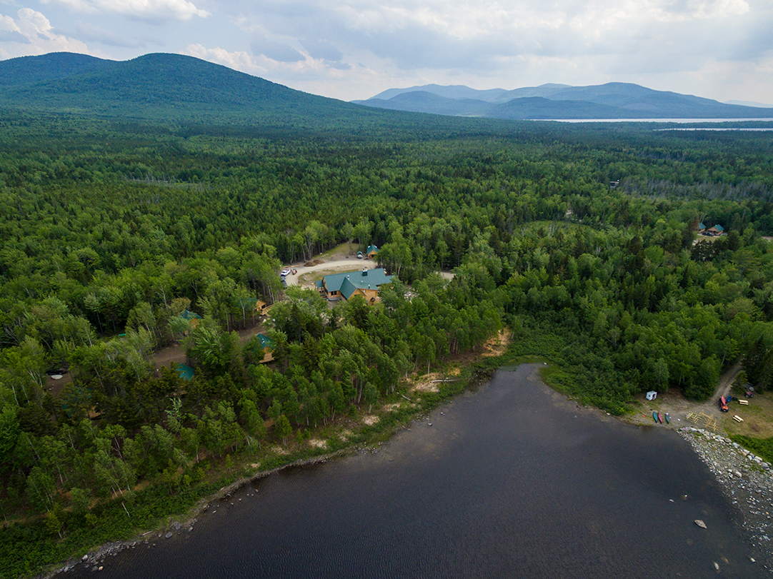 A stunning aerial view of the Medawisla lodge and camp.